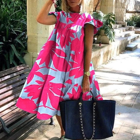 Plus-size Dress Round Neck Pink Maple Leaf Butterfly Print Loose Casual Beach Dress Women‘s Elegant Dresses Midi Dresses Fashion