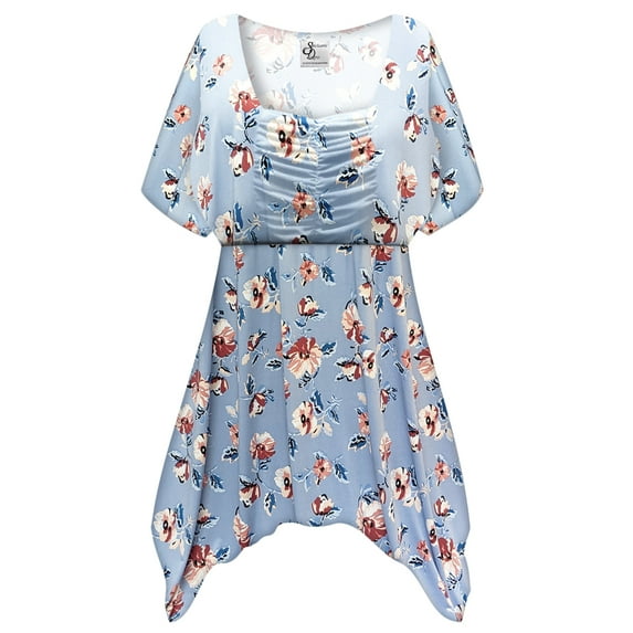 Plus size Extra Tall Womens Short Sleeve Casual Blue Fields Designer Print Babydoll Tops Rouched Peplum Eclectic T-Shirts