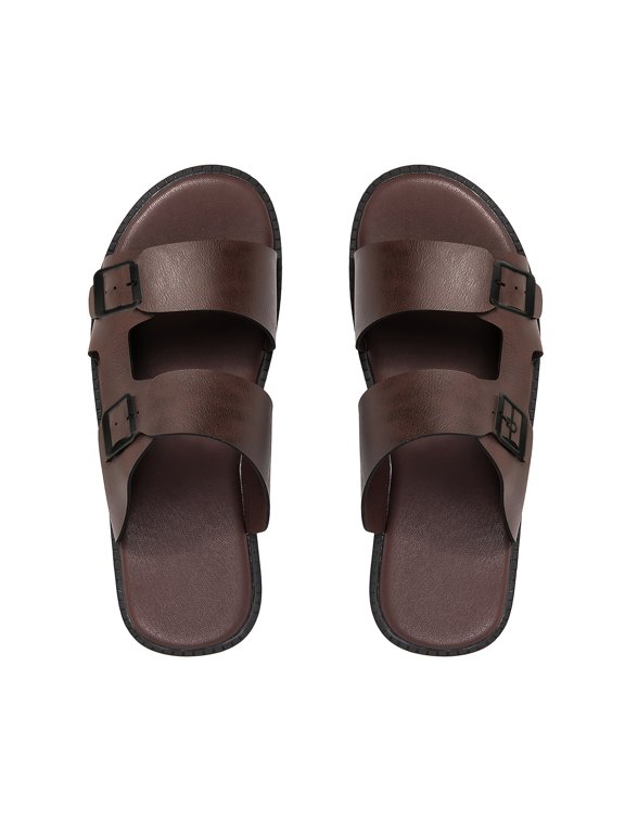 Plus-size Men's Adjustable Single-strap Slip-on Sandals with Dual-tone Metal Buckles. Features a Microfiber Upper and Lining That Is Skin-friendly, Breathable, Soft, and Comfortable. The Midsole