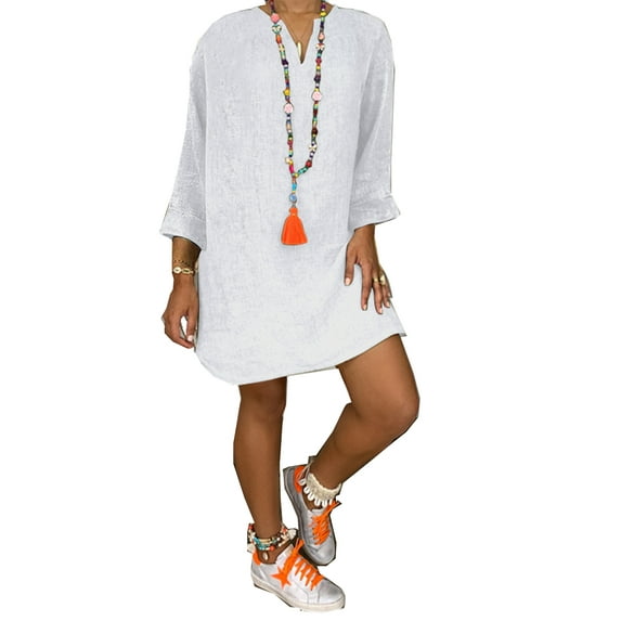 Plus size S-5XL Women V Neck Summer Tunic T-shirt Dress Loose Oversized Casual Beach Holiday Cotton Linen Dress Sundress
