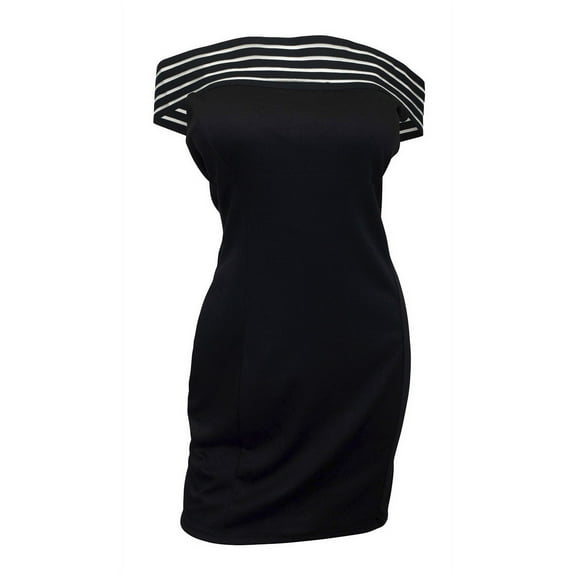 Plus size Sheer Stripe Off Shoulder Dress Black