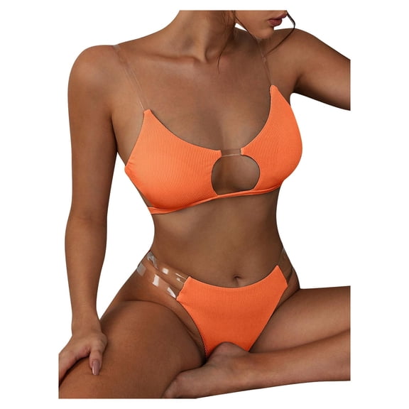 Plus size Swimsuits Women Clear Straps Ribbed Bikini Set Push-Up Brazilian Swimwear Beach Swimsuit Orange L(L)