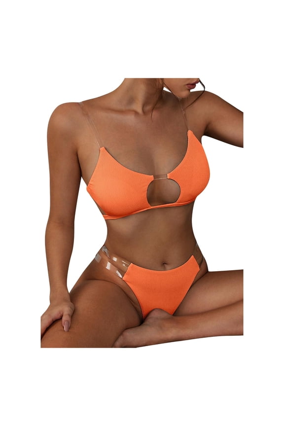 Plus size Swimsuits Women Clear Straps Ribbed Bikini Set Push-Up Brazilian Swimwear Beach Swimsuit Orange L(L)