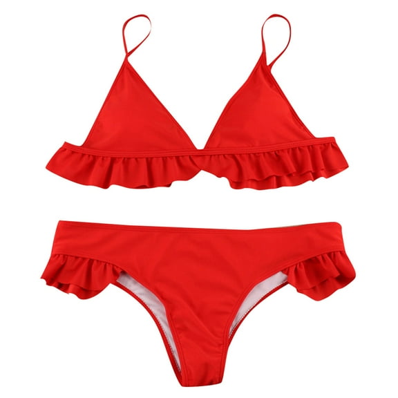 Plus size Swimsuits Women Padded Push-up Bra Bikini Set Ruffles Swimsuit Low Waist Bathing Suit Swim Red L(L)