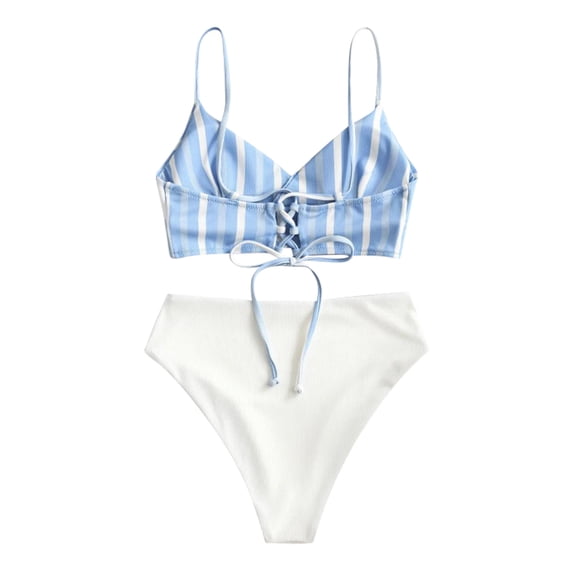 Plus size Swimsuits Women Two Piece Patchwork Print Split Sets Plus Size Beachwear Swimsuit Bikini Blue L(L)