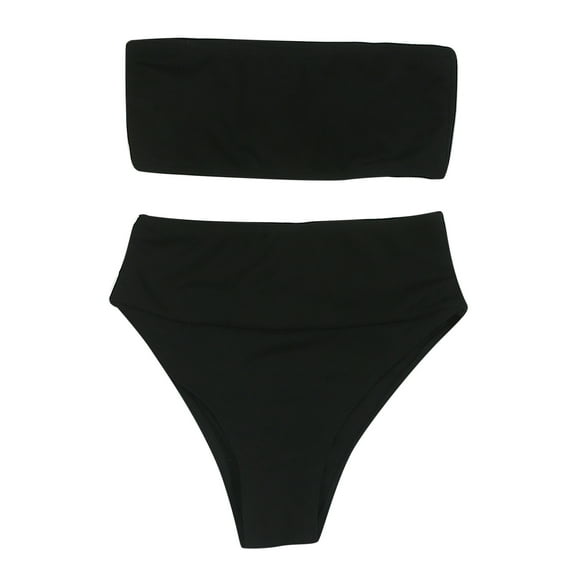 Plus size Swimsuits Women's solid color tube top strappy bikini swimsuit Black 6(M)