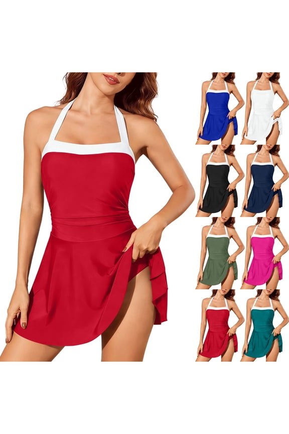 Plus size Swimsuits for Women Color Blocked One Piece Swimsuit with Built-in Padding Halter Neckline Modest Figure Flattering Design