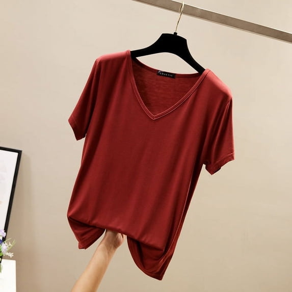 Plus size V-Neck Tshirt Women Summer Loose Tees Modal casual T-shirt Solid color Bottoming Tee Tops