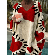 Plus size V-neck top with heart print, casual patterned shirt, womens youthful style knitwear