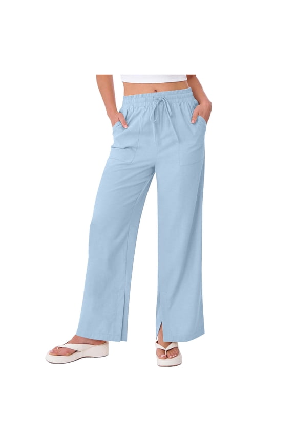 Plus-size Wide Leg Pants for Women Slit High Waisted Drawstring Tie Knot Trousers with Pockets Flowy Lounge Pant