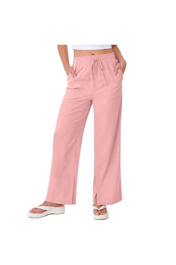 Plus-size Wide Leg Pants for Women Slit High Waisted Drawstring Tie Knot Trousers with Pockets Flowy Lounge Pant