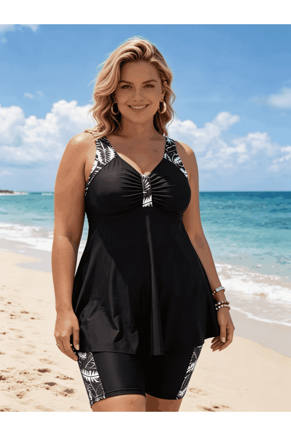Plus-size black two-piece tank top swimsuit set – Bohemian print, front crossover design | Supportive bust, full coverage, slim fit – the ideal beach vacation swimsuit for women.