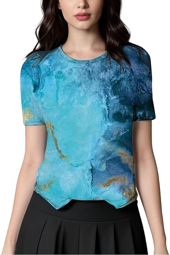 Plus-size casual T-shirt for women Ocean print Loose beach short sleeve
