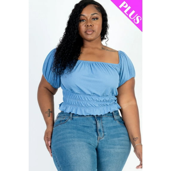Plus size casual ruched puff sleeve ribbed knit solid top