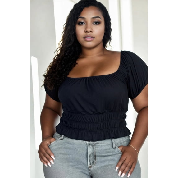 Plus size casual ruched puff sleeve ribbed knit solid top