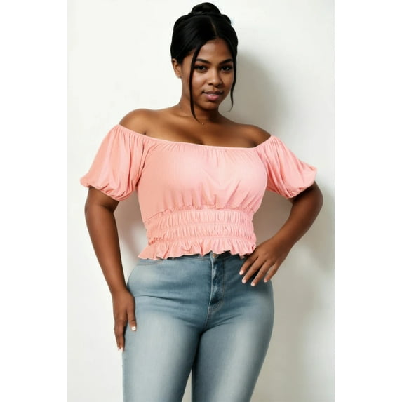 Plus size casual ruched puff sleeve ribbed knit solid top