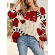 Plus size heart-patterned knit top, openwork design shirt, womens long-sleeved casual blouse