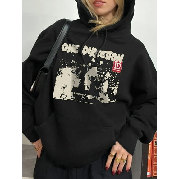 Plus-size hooded sweatshirt for women with One Direction graphic print and red square logo - casual and warm for winter, drawstring hooded sweater, perfect for fall and winter.