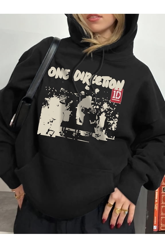 Plus-size hooded sweatshirt for women with One Direction graphic print and red square logo - casual and warm for winter, drawstring hooded sweater, perfect for fall and winter.