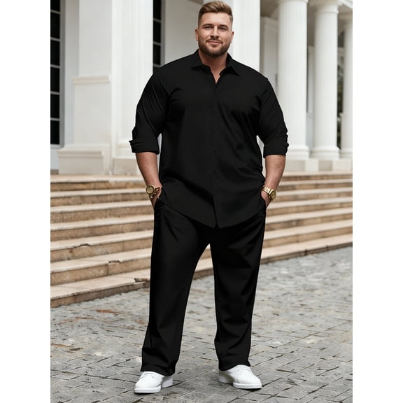 Plus size men's casual suit, solid color machine washable two-piece long-sleeved shirt