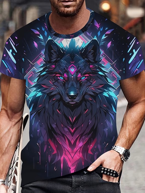 Plus-size men's cyberpunk style wolf print short-sleeve crew neck shirt, casual and comfortable shirt as a gift
