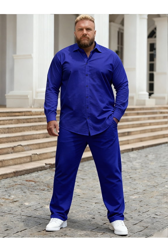 Plus-size men's wear, solid color long-sleeved shirt and trousers two-piece, machine washable, comfortable fabric, men's plus-size shirt suit.