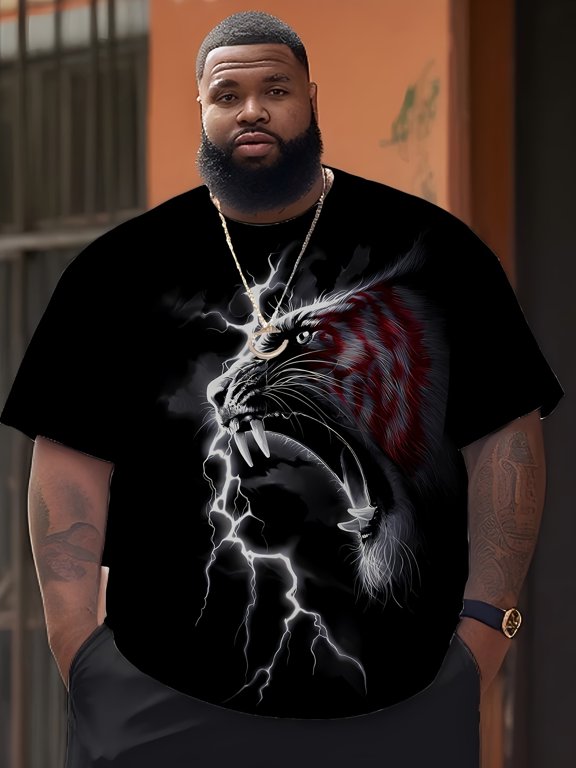 Plus-size tiger print T-shirt, bright red, large size breathable round-neck top, comfortable and casual, suitable as a gift