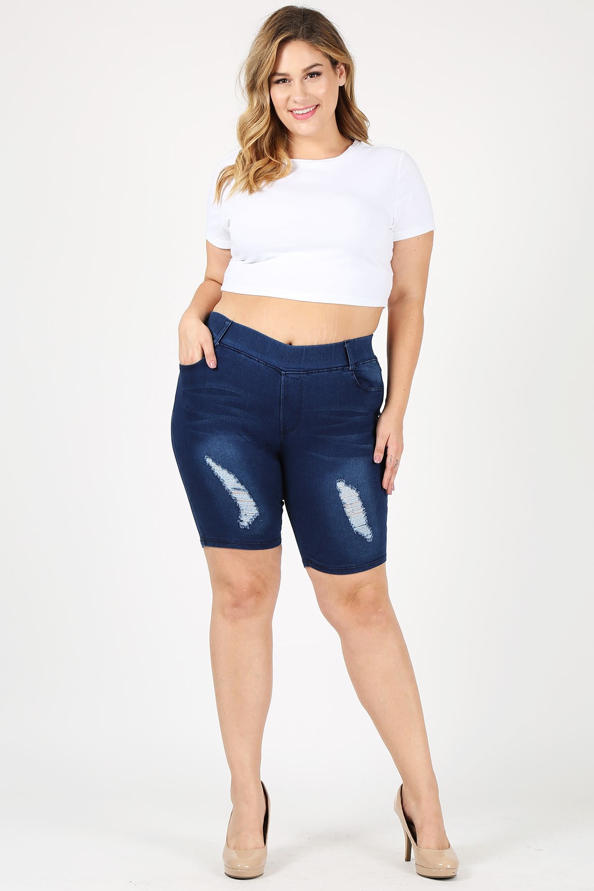 Plus size women pull-on 5 pockets classic jeans Bermudas shorts ...
