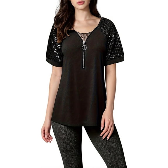 Plus size women's T-shirt Summer V-neck zipper elegant short sleeves