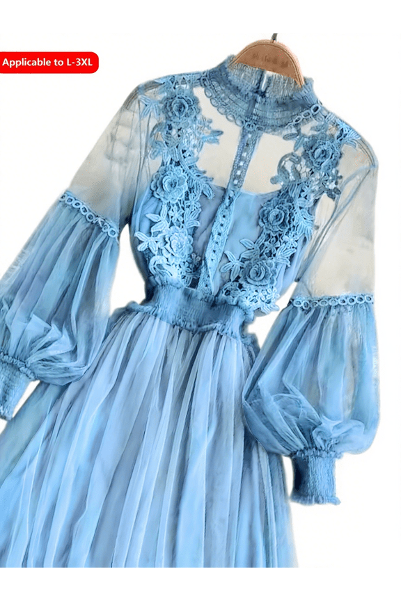 Plus-size women's dress, stylish sporty style, 3D flower appliqués, sheer mesh lantern sleeves, slim long cut. Light luxury design, chiffon and lace, with camisole lining, multiple colors.
