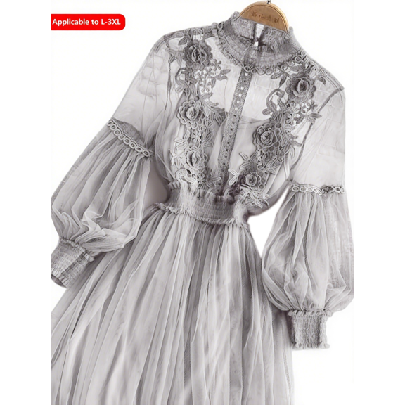 Plus-size women's dress, stylish sporty style, 3D flower appliqués, sheer mesh lantern sleeves, slim long cut. Light luxury design, chiffon and lace, with camisole lining, multiple colors.