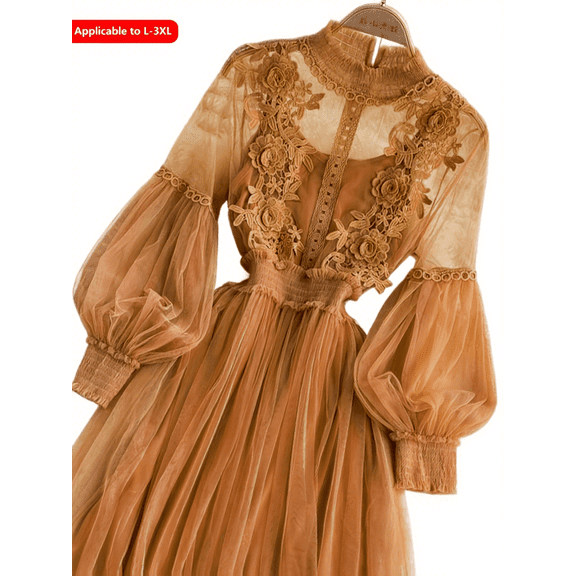 Plus-size women's dress, stylish sporty style, 3D flower appliqués, sheer mesh lantern sleeves, slim long cut. Light luxury design, chiffon and lace, with camisole lining, multiple colors.