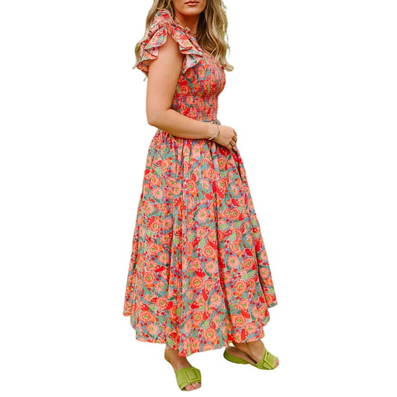 Plus-size women's floral print dress, short-sleeved, long-length, light and elegant evening gown, round neck design