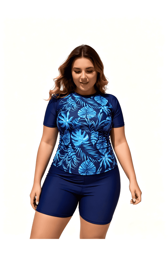 Plus-size women's solid sky blue and dark blue contrasting wide-shoulder strap tankini suit, large tankini suit