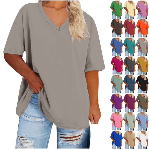Plus size womens clothes tops Summer V Neck Short Sleeved Solid T Shirts Dressy Casual Short Sleeve Tees Loose Fit Cotton Tunic Tops