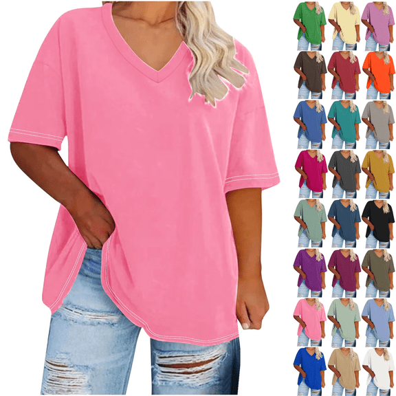 Plus size womens clothes tops Summer V Neck Short Sleeved Solid T Shirts Dressy Casual Short Sleeve Tees Loose Fit Cotton Tunic Tops