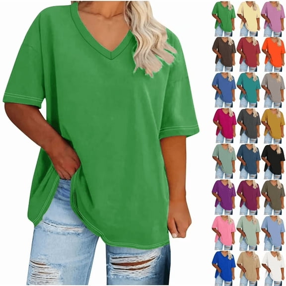 Plus size womens clothes tops Summer V Neck Short Sleeved Solid T Shirts Dressy Casual Short Sleeve Tees Loose Fit Cotton Tunic Tops