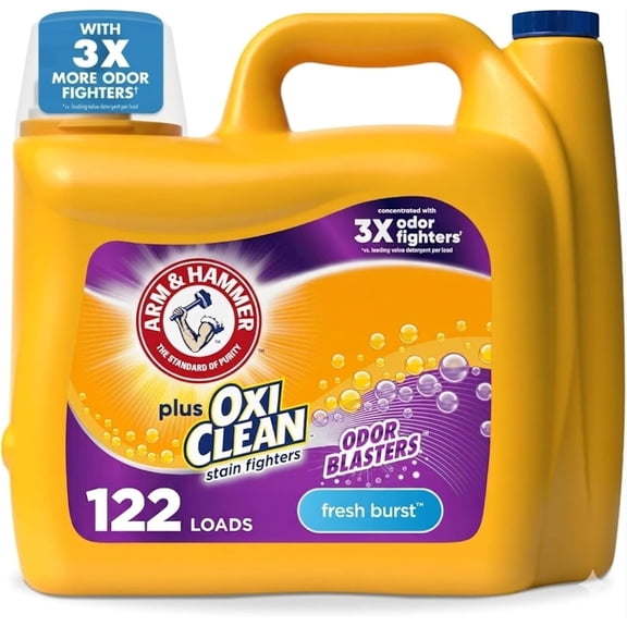 Plus with Odor Blasters Liquid Laundry Detergent, Laundry Odor Remover, Attacks Stains, Fresh Burst Scent, 122 Loads, 158.6 Fl Oz