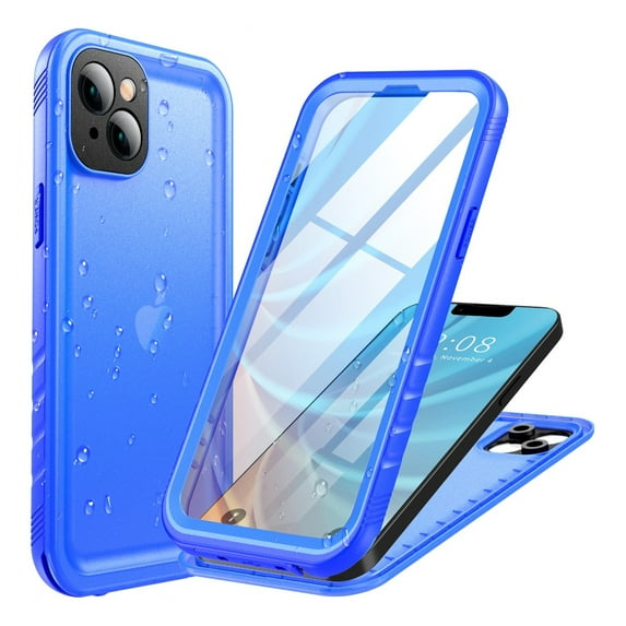 PlusAcc For iPhone 14 Plus Waterproof Shockproof Dustproof Case with Built-in Clear Screen Protector Rugged Cover - Blue