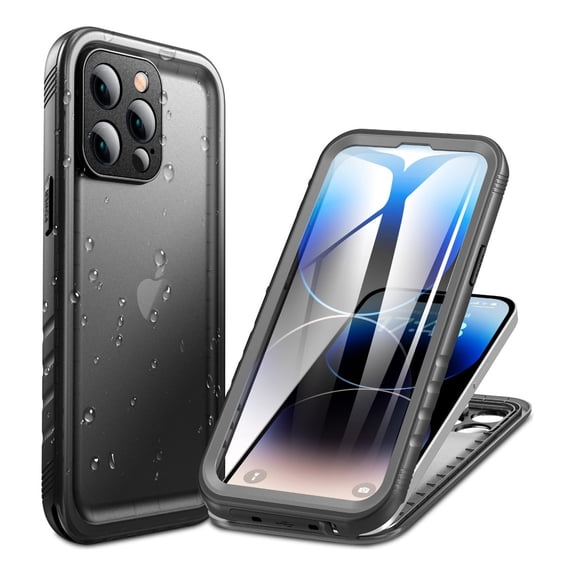PlusAcc For iPhone 14 Pro Waterproof Shockproof Dustproof Case with Built-in Clear Screen Protector Rugged Cover - Black
