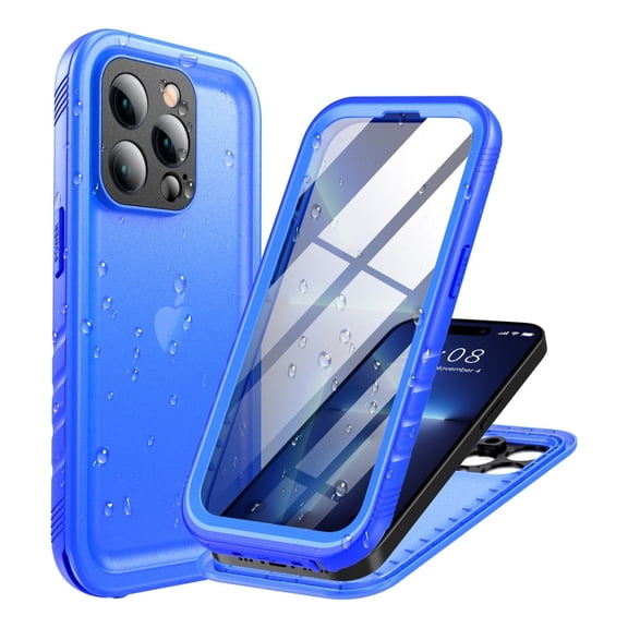 PlusAcc For iPhone 14 Pro Waterproof Shockproof Dustproof Case with Built-in Clear Screen Protector Rugged Cover - Blue