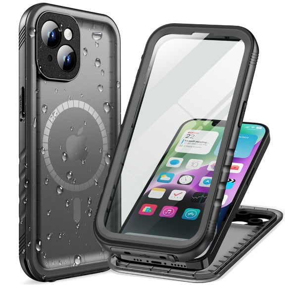 PlusAcc Magnetic Waterproof Case for iPhone 14 Plus Compatible with MagSafe Heavy Duty Shockproof 360 Full Body with Screen Protector - Black