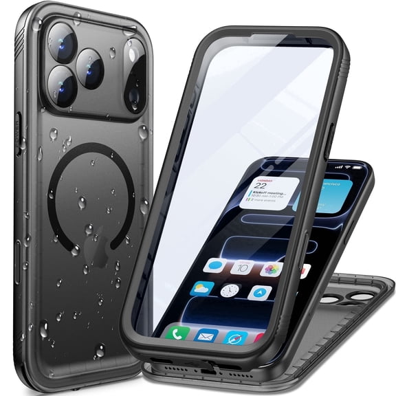 PlusAcc Magnetic Waterproof Case for iPhone 17 Pro Max Compatible with MagSafe Heavy Duty Shockproof 360 Full Body with Screen Camera Protector - Black