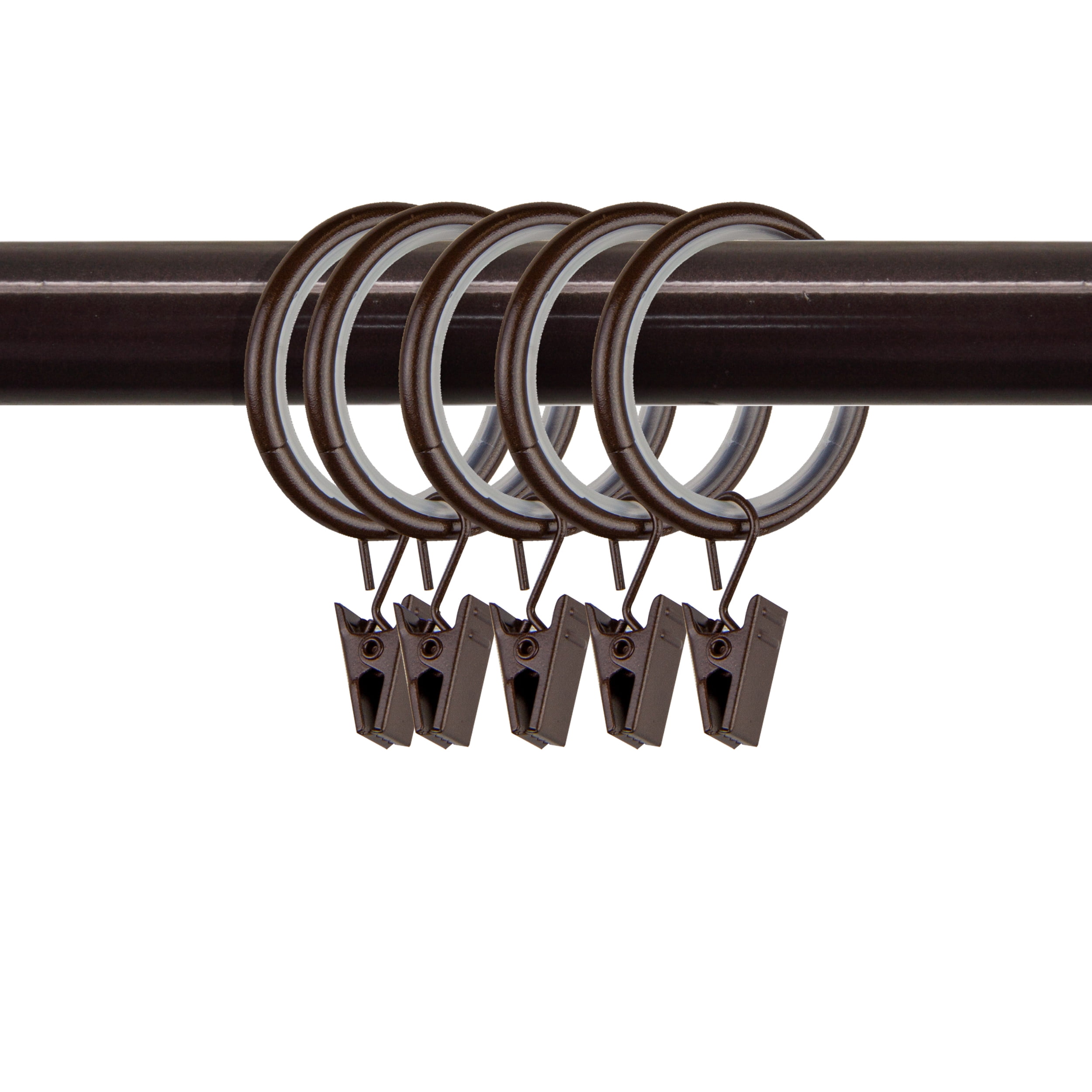 PlusCasa Noise-Canceling 1-1/4 inch Cocoa Curtain Rings with Clips (10 Count)
