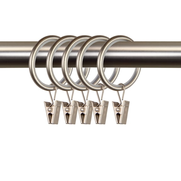 PlusCasa Noise-Canceling 1-1/4 inch Satin Nickel Curtain Rings with Clips (10 Count)
