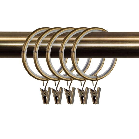 PlusCasa Noise-Canceling 1-3/4 inch Antique Brass Curtain Rings with Clips (10 Count)