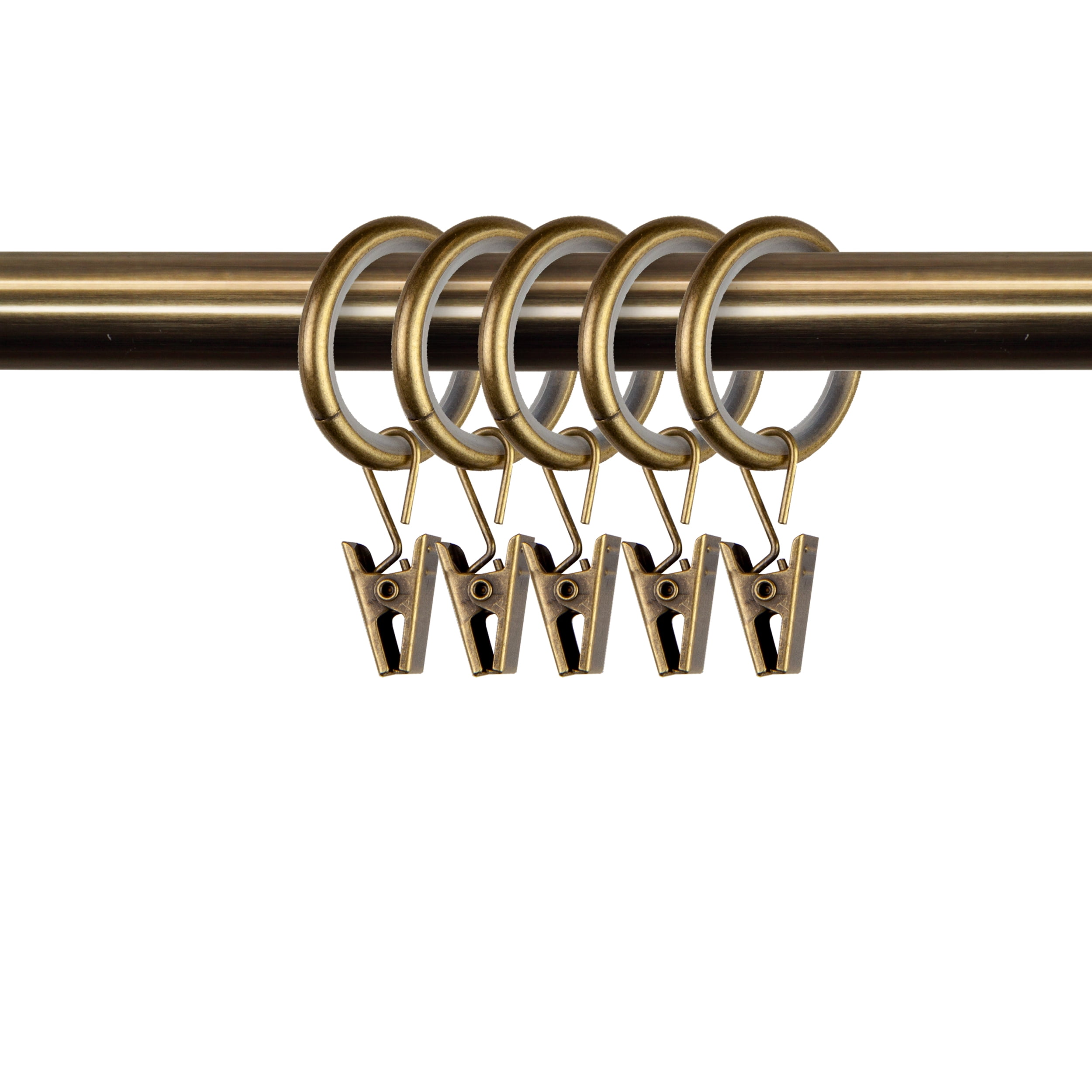 PlusCasa Noise-Canceling 7/8 inch Antique Brass Curtain Rings with Clips (10 Count)