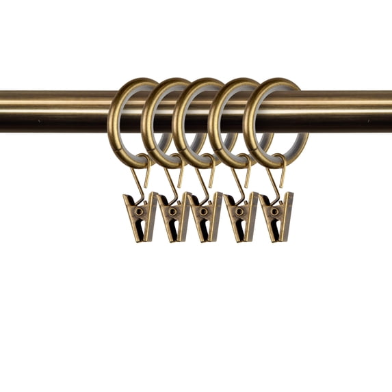 PlusCasa Noise-Canceling 7/8 inch Antique Brass Curtain Rings with Clips (10 Count)