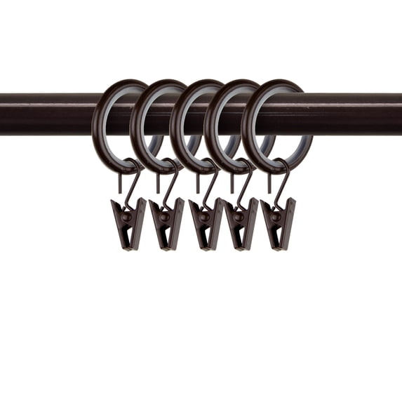 PlusCasa Noise-Canceling 7/8 inch Cocoa Curtain Rings with Clips (10 Count)