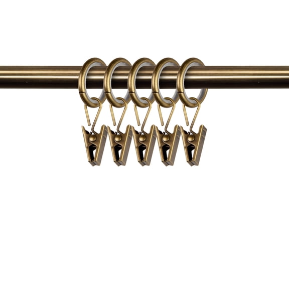 PlusCasa Noise-Canceling 9/16 inch Antique Brass Curtain Rings with Clips (10 Count)